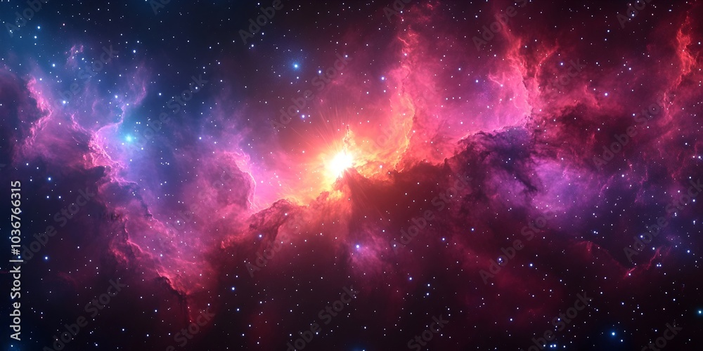 Naklejka premium A vibrant cosmic nebula showcasing swirling pink and purple hues, illuminated by a radiant star at its center, creating a mesmerizing celestial scene.