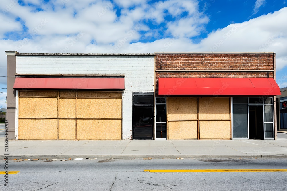 Boarded-Up Storefront with Red Awnings and a Brick Facade Boarded-Up Storefront with Red Awnings and a Brick Facade