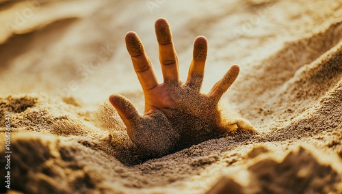 Close-up of a hand sticking out from under sand, symbolizing a call for help or that someone is stuck in quicksand