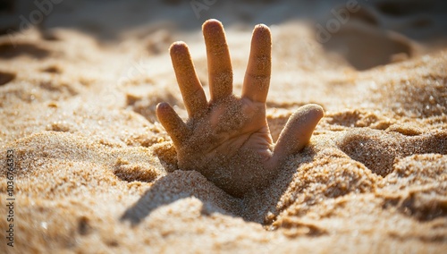 Close-up of a hand sticking out from under sand, symbolizing a call for help or that someone is stuck in quicksand
