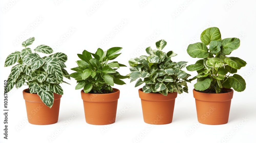 Four Green Plants in Terracotta Pots on White Background Four Green Plants in Terracotta Pots on White Background