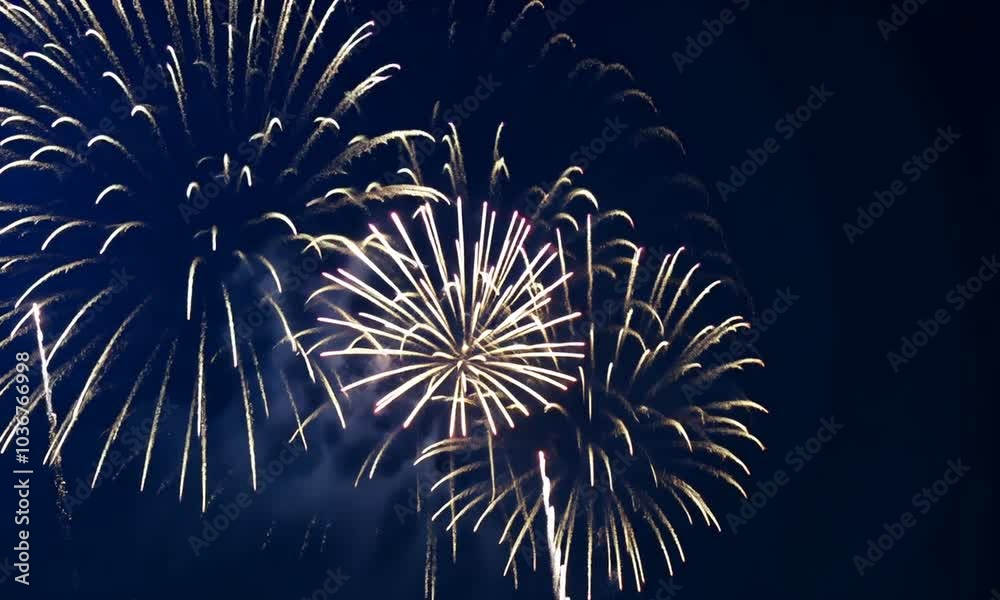 2025 New Year's Eve Party video. Colorful fireworks dark blue bokeh background video. Copy paste area for text