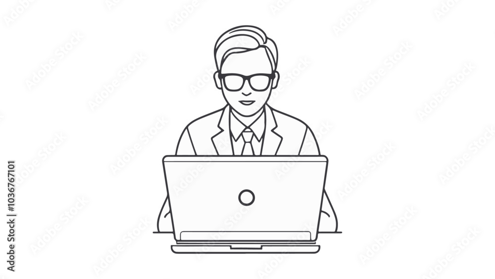 serious person working with laptop outline vector illustration serious person working with laptop outline vector illustration