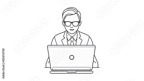 serious person working with laptop outline vector illustration