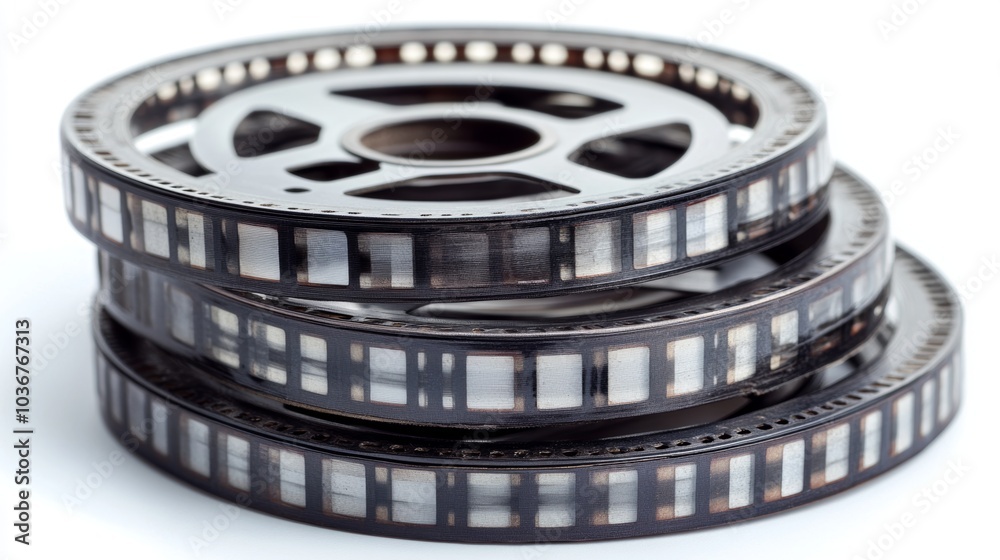 Naklejka premium Vintage 8mm Film Reels Old Movie Film Classic Cinema Retro Movie Filmstrip Close Up