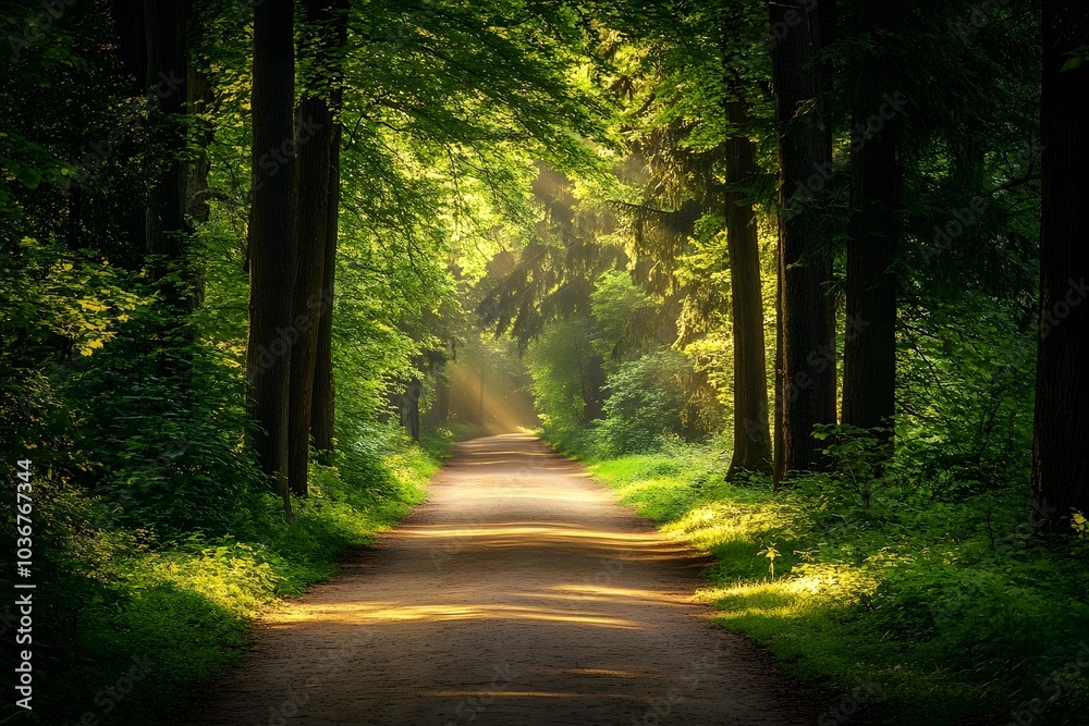 Fototapeta premium Sunbeams Illuminating a Forest Path