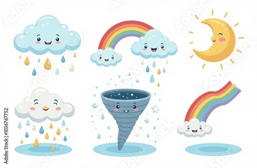 Cloud rain weather cartoon cute set. Cloud, sun, moon weather character with smile and angry face. Hand drawn doodle sketch style. Rainbow, wind, tornado doodle characte