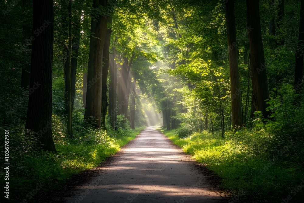 Fototapeta premium Sunbeams Illuminating a Path Through a Lush Green Forest