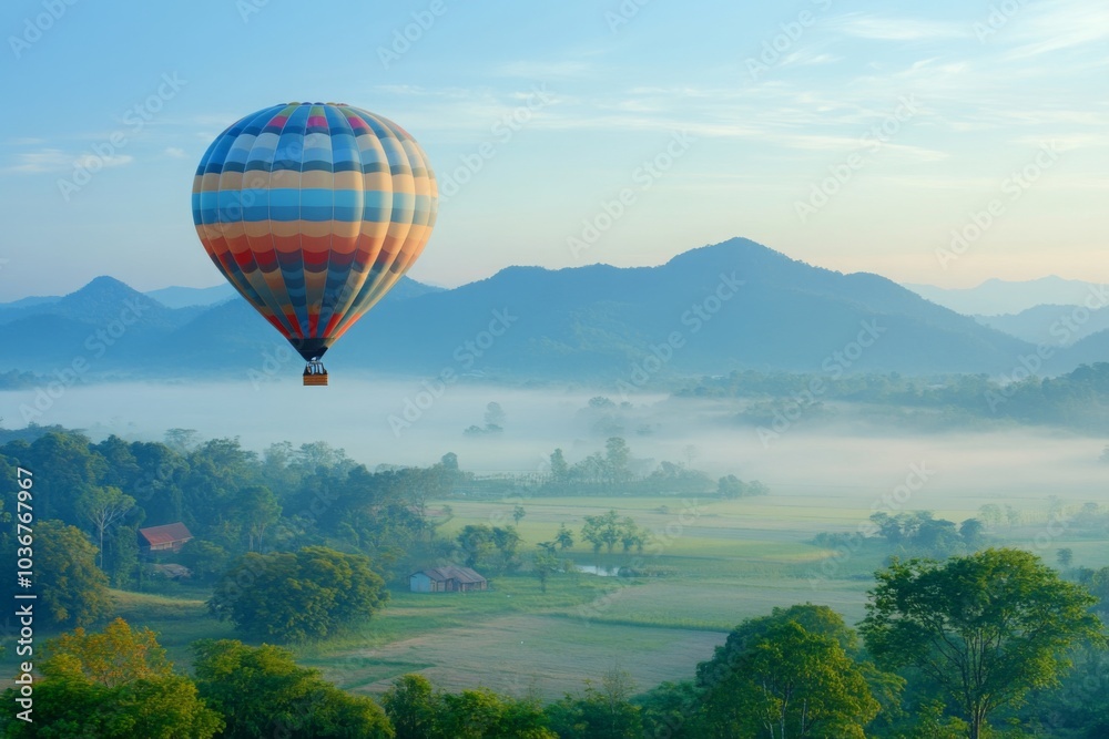 Naklejka premium Vibrant Hot Air Balloon Journey Over Serene Misty Valley at Dawn