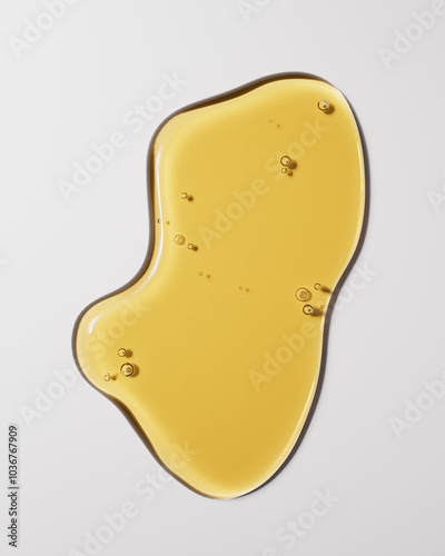 Close-up of golden oil drops, 3d rendering beauty product face serum cosmetic minimalist background