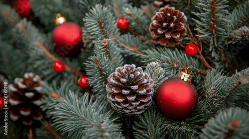 Pine branches and pine cones for a winter holiday celebration.