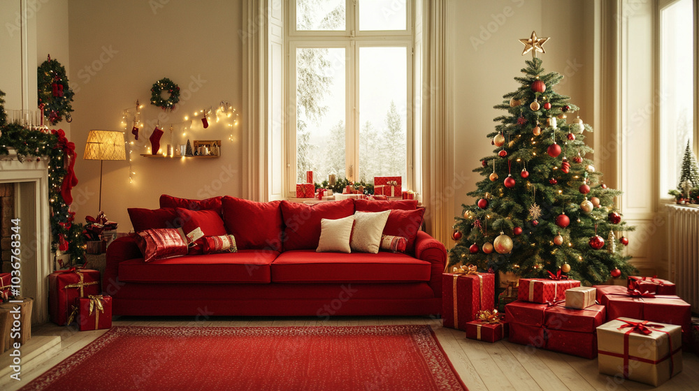 red sofa, Christmas tree and gift boxes red sofa, Christmas tree and gift boxes