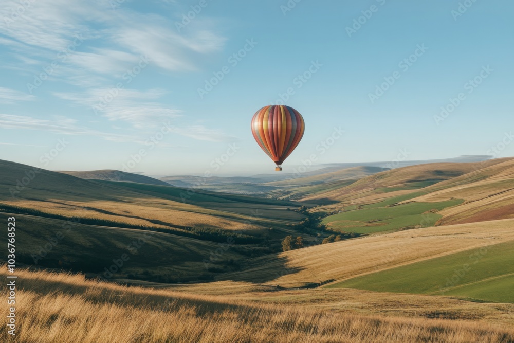Fototapeta premium Tranquil Hot Air Balloon Floating Over Serene Pastoral Landscapes