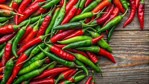 Aerial view of red and green cabai capsicum frutescens chili peppers
