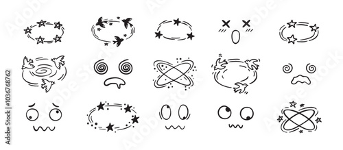 Dizzy effect drawing hand drawn doodle cartoon set. dizzy faces, birds and stars overhead emotions drawing.