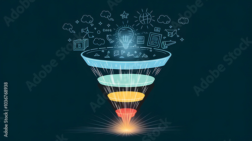 A funnel shape, glowing with energy, showing the sales funnel process from lead to conversion.

