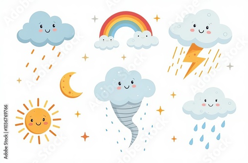 Cloud rain weather cartoon cute set. Cloud, sun, moon weather character with smile and angry face. Hand drawn doodle sketch style. Rainbow, wind, tornado doodle characte