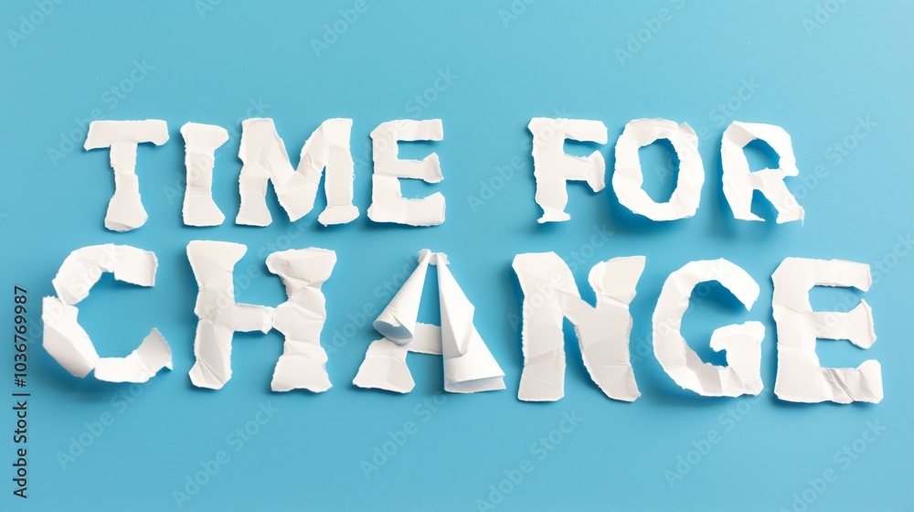 “Time for Change” Message in Torn Paper Letters on Blue Background “Time for Change” Message in Torn Paper Letters on Blue Background