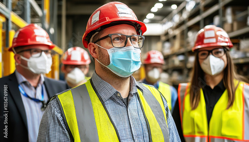 A group of workers in safety gear, including hard hats and masks, stand in an industrial setting, emphasizing workplace safety and teamwork.