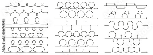 Linear roadmap arrows. Line art timeline chart, looped arrow for process sprints, step by step guide or instruction steps order design. Infographic template vector elements set.
