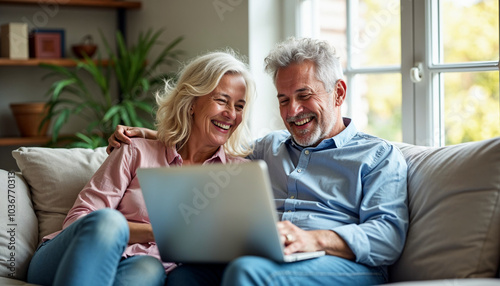 Happy middle aged couple using laptop computer relaxing on couch at home. Smiling mature man and woman talking having fun laughing with device sitting on sofa in sunny living room. Candid shot. 