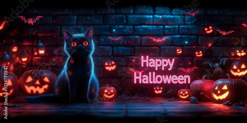 A happy Halloween banner with spooky spiders, black cats and scary pumpkins for the most spooky day of October- ai generated