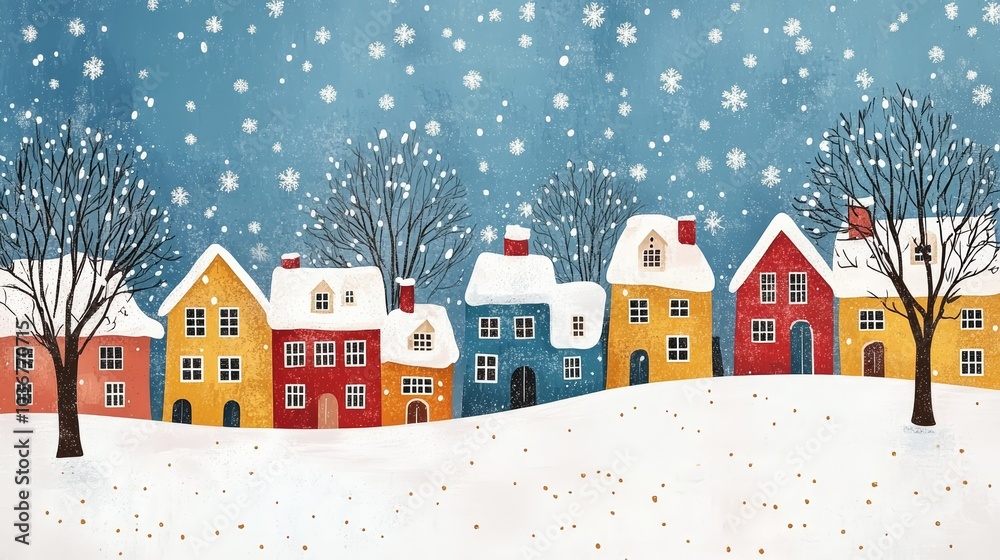 Winter Village Scene with Colorful Houses and Snowy Landscape Winter Village Scene with Colorful Houses and Snowy Landscape