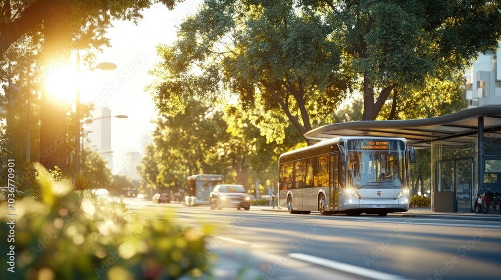 A modern bus drives down a city street with a backdrop of trees and a sunset. A modern bus drives down a city street with a backdrop of trees and a sunset.