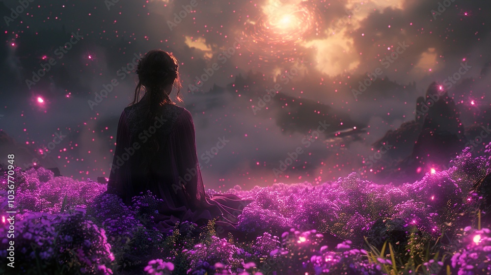 Woman Silhouetted Against a Dreamy Sunset Landscape Woman Silhouetted Against a Dreamy Sunset Landscape