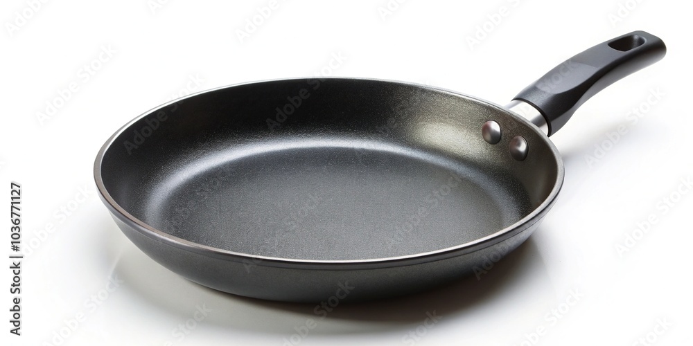 Asymmetrical black frying pan with non-stick teflon coating isolated on white background Asymmetrical black frying pan with non-stick teflon coating isolated on white background