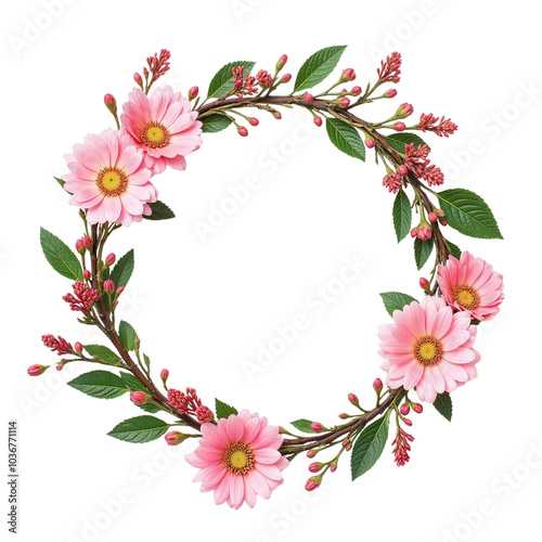 Circular Floral Wreath Featuring Pink Flowers and Green Leaves