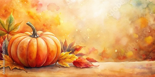 Aerial watercolor autumn background with pumpkin