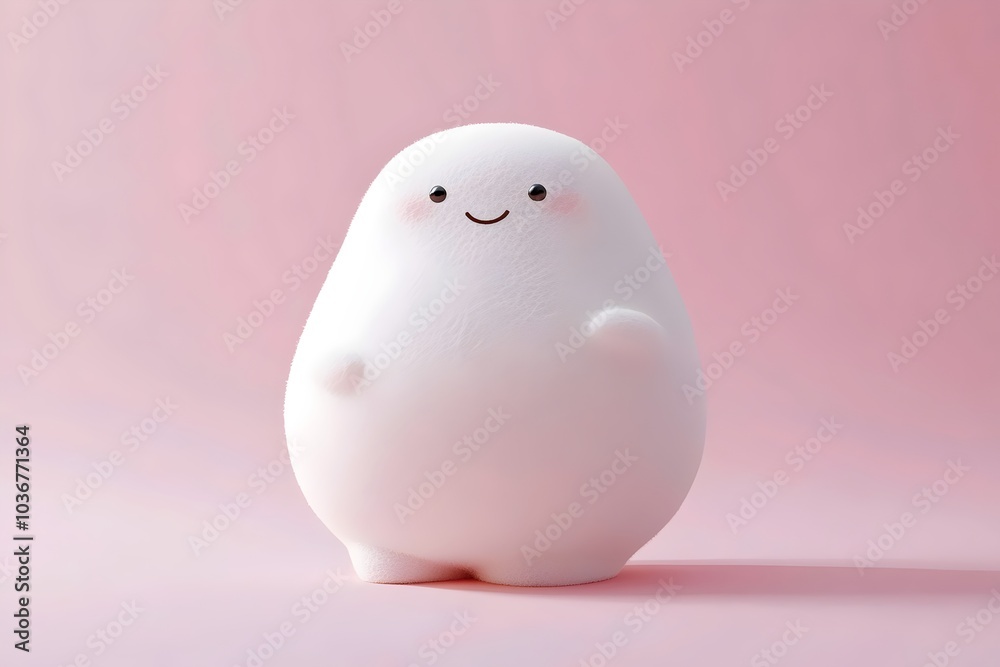 A cute, smiling round character with a soft white texture stands against a pastel pink background, exuding a cheerful and friendly vibe. A cute, smiling round character with a soft white texture stands against a pastel pink background, exuding a cheerful and friendly vibe.