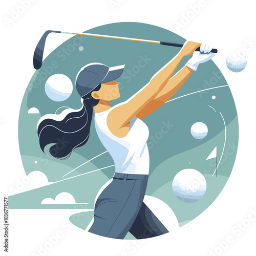 A woman is playing golf and swinging a club