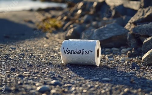 Toilet Paper Roll with “Vandalism” Written on It Left Outdoors on Gravel Path photo