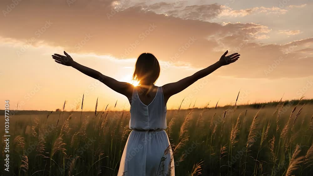 Woman with Arms Raised Enjoying the Sunset in a Serene Open Field
Woman with Arms Raised Enjoying the Sunset in a Serene Open Field