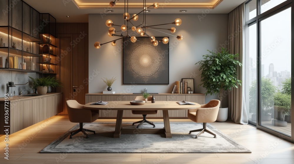 Fototapeta premium Office room interior architecture design showcases a modern workspace with sleek furniture, large windows allowing natural light to flood the space, and a neutral color palette accented by vibrant art