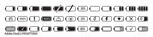 Mobile battery doodle Hand drawn set. Collection pen ink pencil drawing sketches connection indicator isolated. low or high energy charge