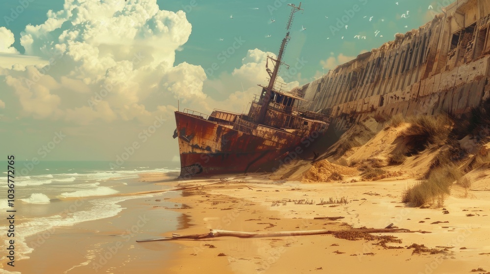 Fototapeta premium Devastated Beach Landscape with Stranded Ship