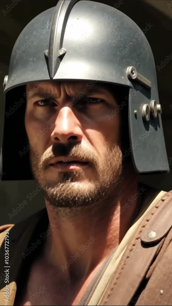 A Roman soldier prepares for battle in an ancient city, showcasing determination and strength A Roman soldier prepares for battle in an ancient city, showcasing determination and strength