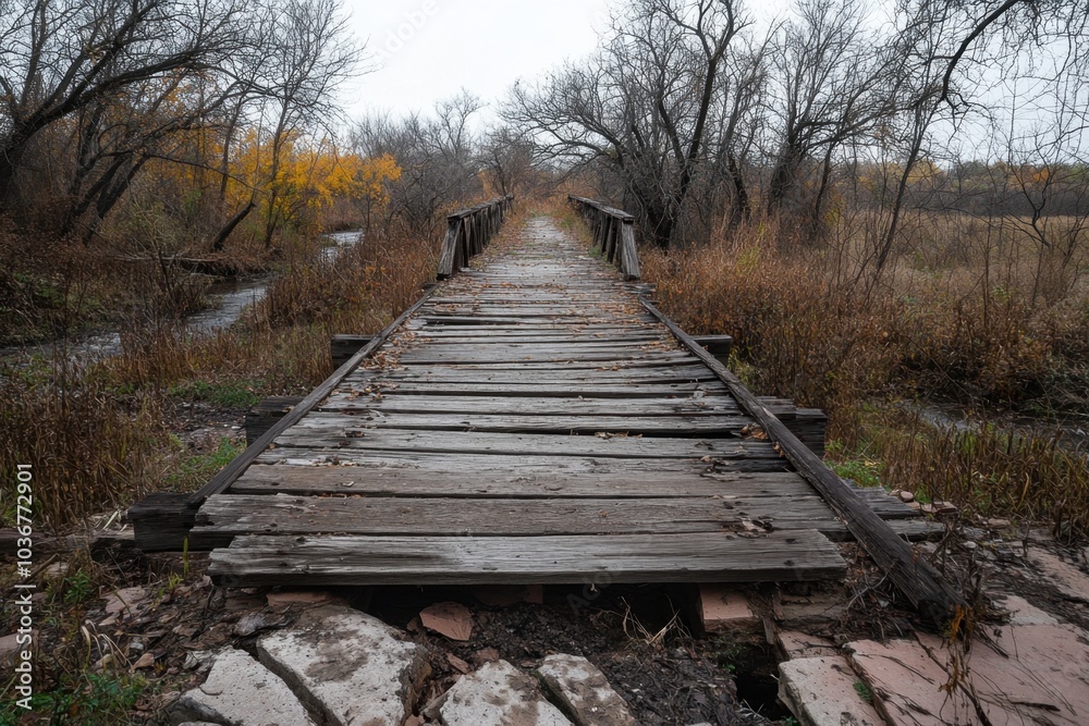 Fototapeta premium A dilapidated wooden bridge over a dried-up creek bed, symbolizing decay, history, and forgotten paths, with broken planks, overgrown weeds, and the remnants of a once vibrant landscape