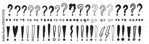 Doodle exclamation marks, question marks. Punctuation drawing black marks, Hand drawn exclamation point