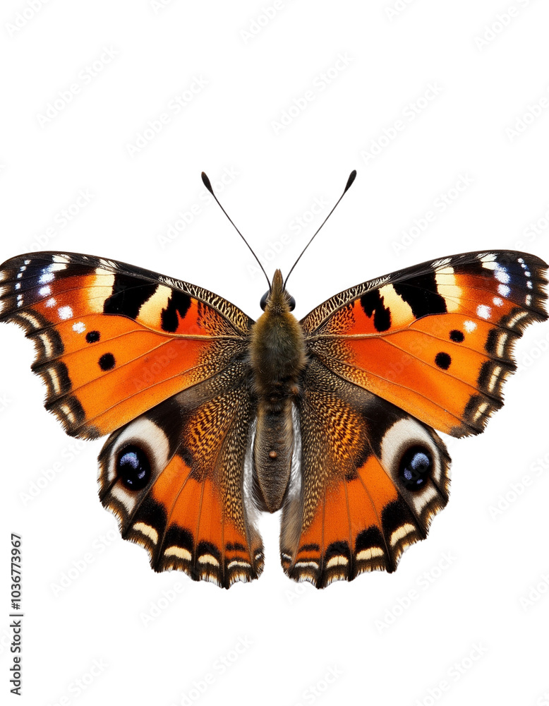 Close-Up View of a Vibrant Peacock Butterfly with Orange and Black Wings Close-Up View of a Vibrant Peacock Butterfly with Orange and Black Wings