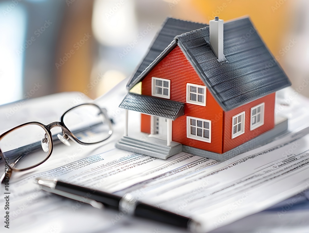 Miniature Model Home on Mortgage Documents with Pen and Glasses Representing Investment and Finance Concepts Miniature Model Home on Mortgage Documents with Pen and Glasses Representing Investment and Finance Concepts