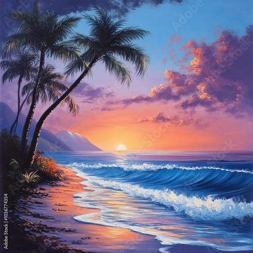 Tropical beach landscape at sunset