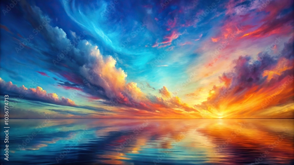 Obraz premium Close-up abstract painting of a colorful sky over a blue sea