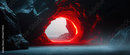 Icelandic lava cave illuminated by glowing magma inside photo