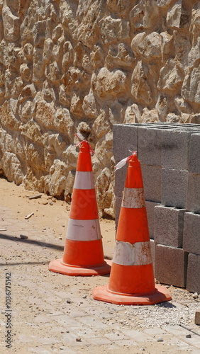 Cones Bright Closeup Vertical Orange Sunny Construction Site Outdoor photo