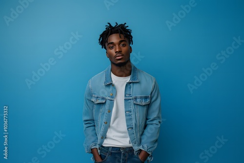 Young Black male model posing in casual double denim against blue background