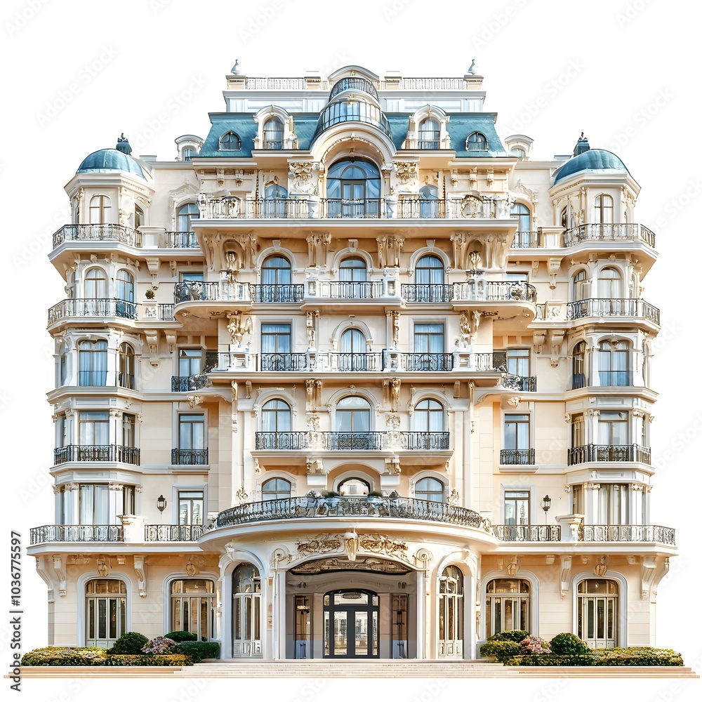Naklejka premium Elaborate and Ornate Luxury Hotel with Grand Balconies Isolated on White Background